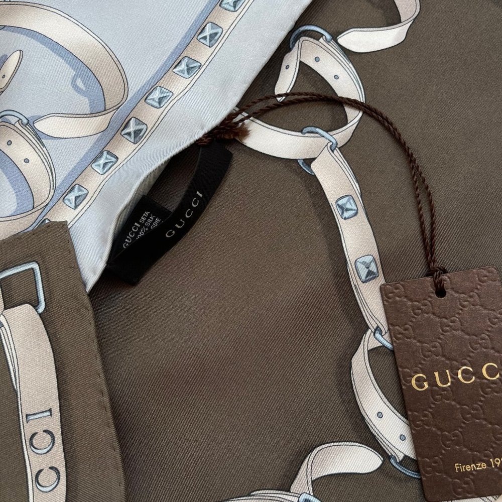 Gucci Logo Chains Color-Block Brown Blue GG Silk Scarf - Picture 8 of 13